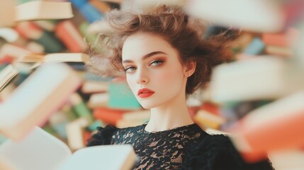 Dewey Decimal System Day librarian in a library with books flying around her