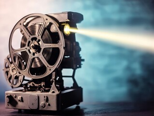Naklejka premium Vintage Film Projector Nostalgic Cinematic Charm in Moody Blue - Cinematic Movie Reels and Antique Metal Equipment - Retro Cinema Technology Concept with Light Beam