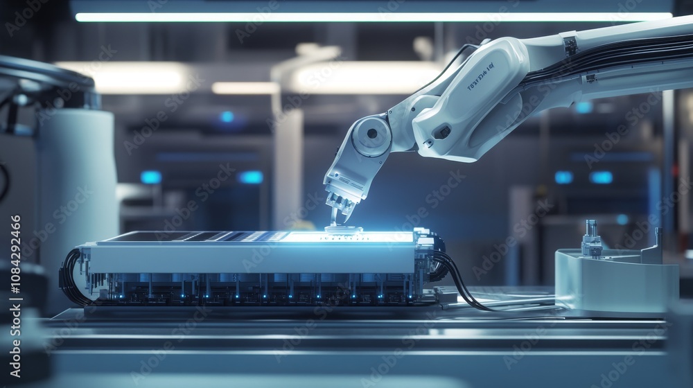 Aufkleber robotic arm assembly process high-tech factory industrial automation modern environment close-up vie