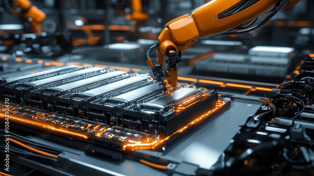 Poster automated robotics assembly manufacturing facility digital art high-tech environment close-up view i