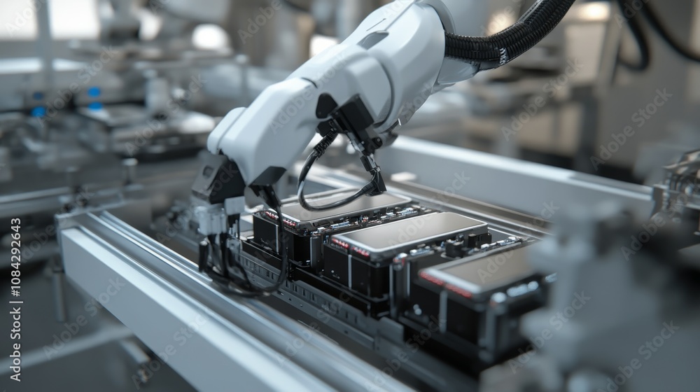 Poster robotic arm assembling electronics factory floor industrial automation high-tech environment close-u