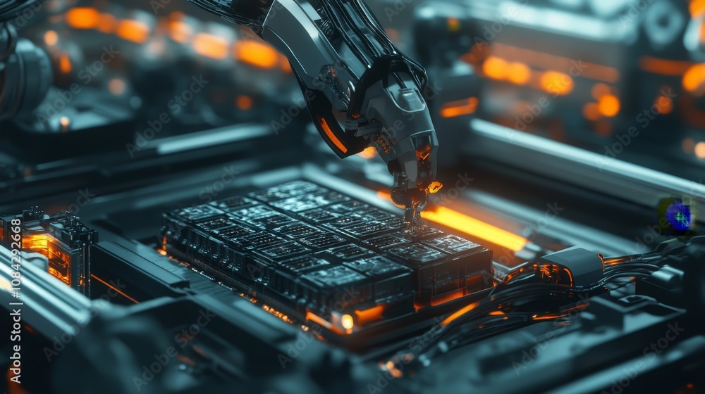 Poster robotic arm assembling circuit boards high-tech factory digital art futuristic environment close-up 