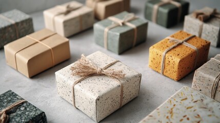 Gift wrapping event indoor space product showcase minimalist environment overhead view holiday concept