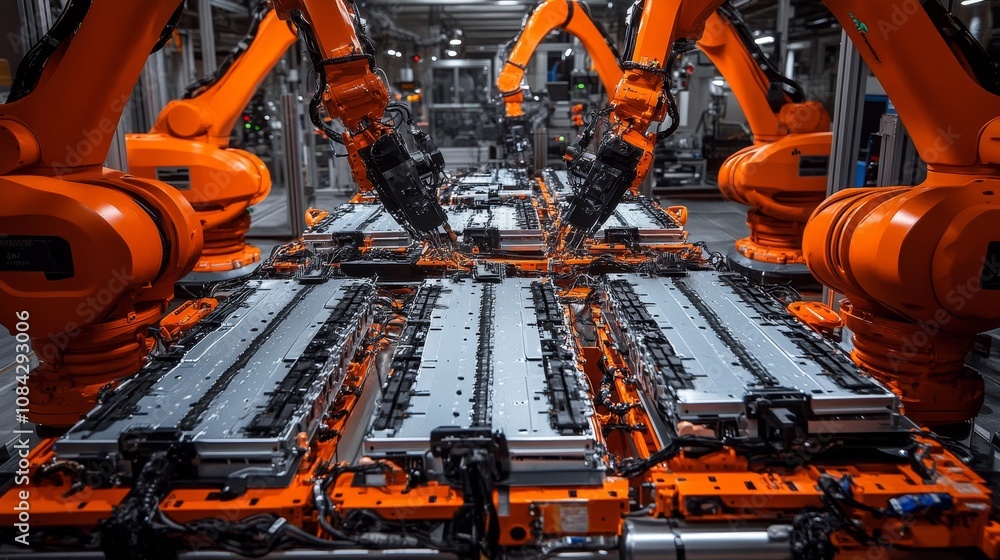 Poster automated assembly process manufacturing plant industrial robotics controlled environment overhead v