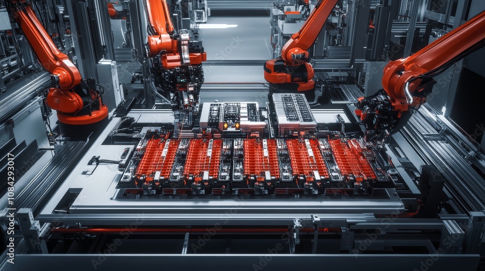 Poster automated assembly process manufacturing facility industrial robotics high-tech environment close-up