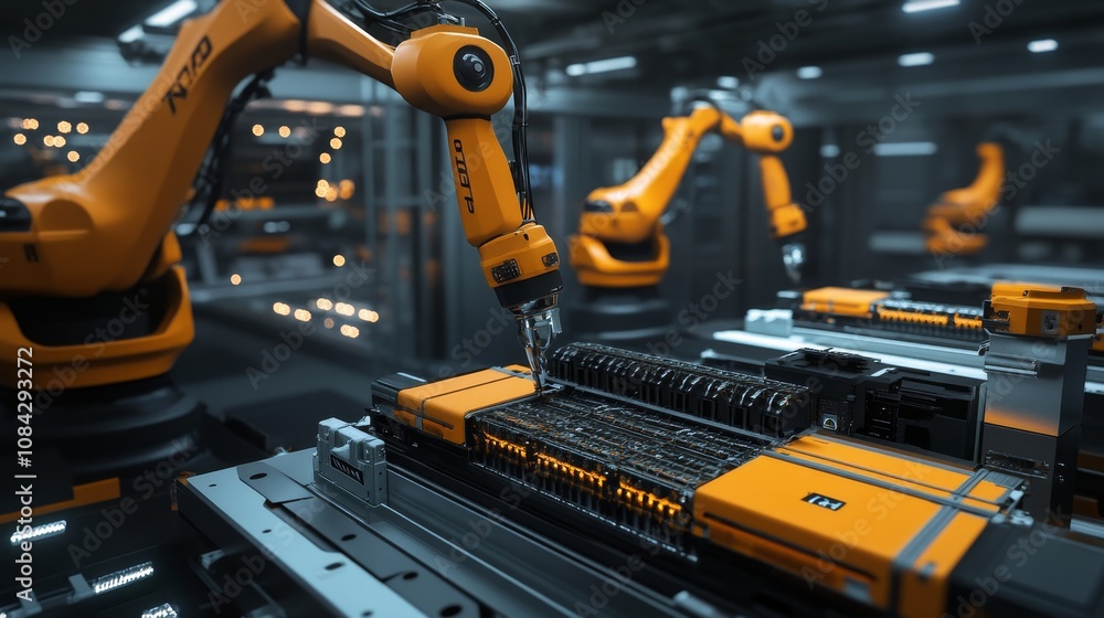 Poster industrial automation robots assembling components high-tech factory digital art futuristic environm