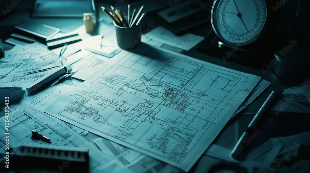 Poster blueprints and design plans workspace architectural drawings office environment close-up viewpoint c