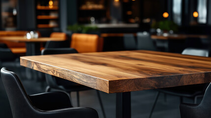 Close-up of a wooden table in an upscale restaurant interior with blurred background showing modern decor and seating