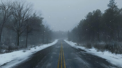 Fototapeta premium Snowy Road Through Winter Forest Illustration