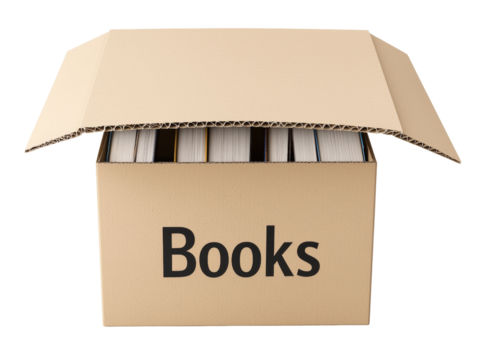 Cardboard Box Filled with Books on White Background