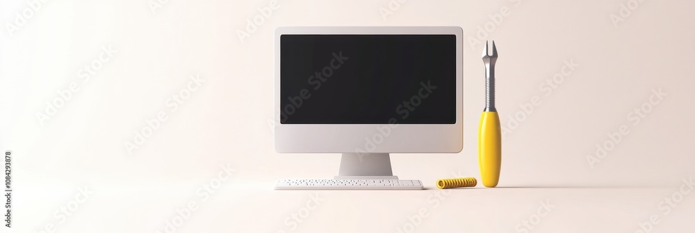Aufkleber a modern computer monitor stands beside a yellow screwdriver, showcasing essential tools for technol
