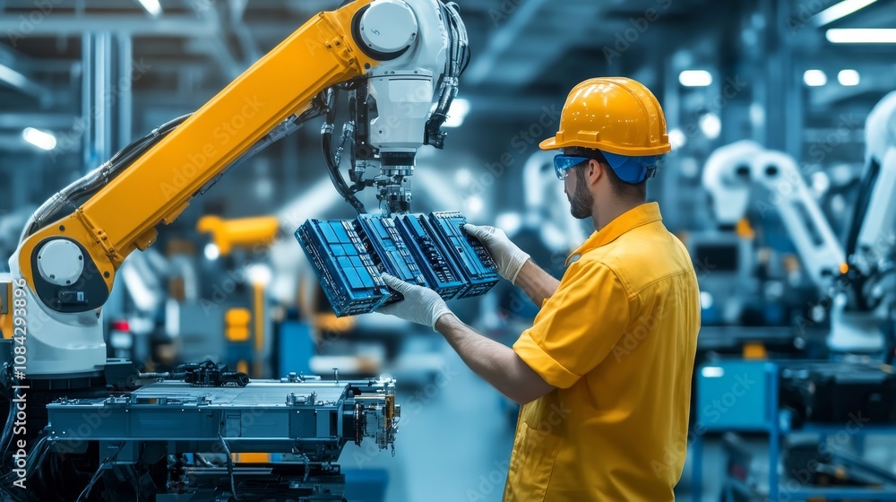 Poster robotic arm assembly in factory industrial automation process modern factory high-tech environment c