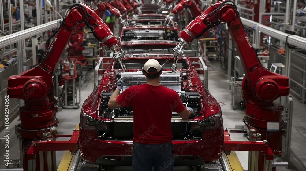 Poster automated assembly line operations manufacturing facility industrial process high-tech environment c
