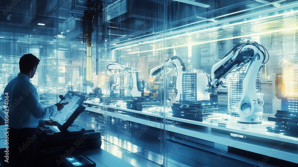 Poster industrial automation processes high-tech facility digital interface modern environment side view in