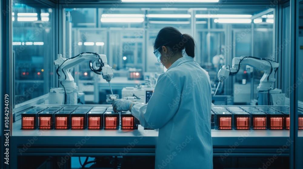 Poster scientist conducting research laboratory action shot high-tech environment side view innovation in s