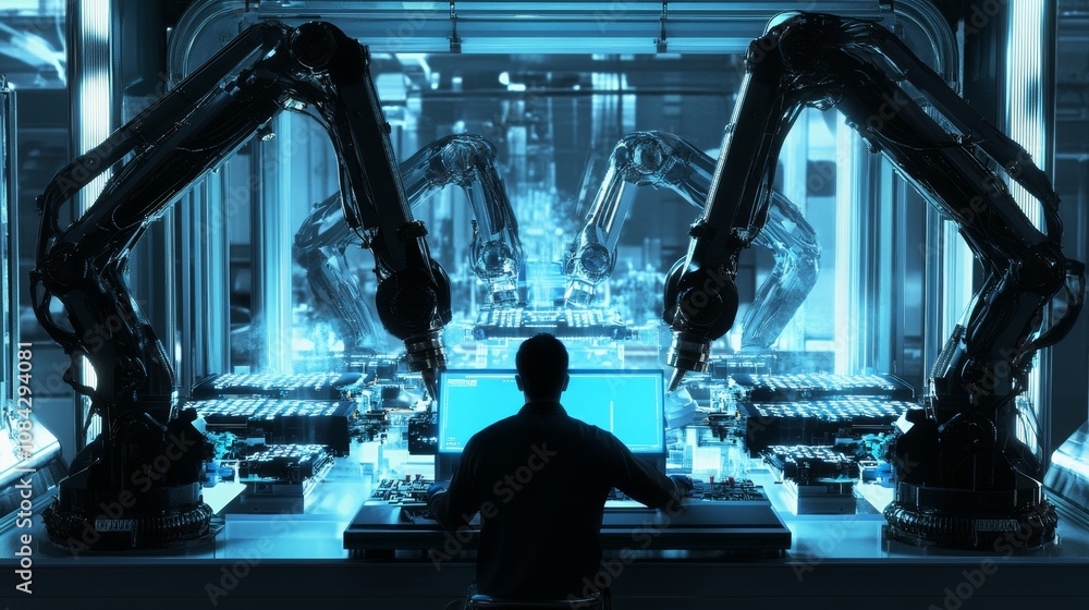 Poster automated production process high-tech factory industrial scene futuristic environment close-up view