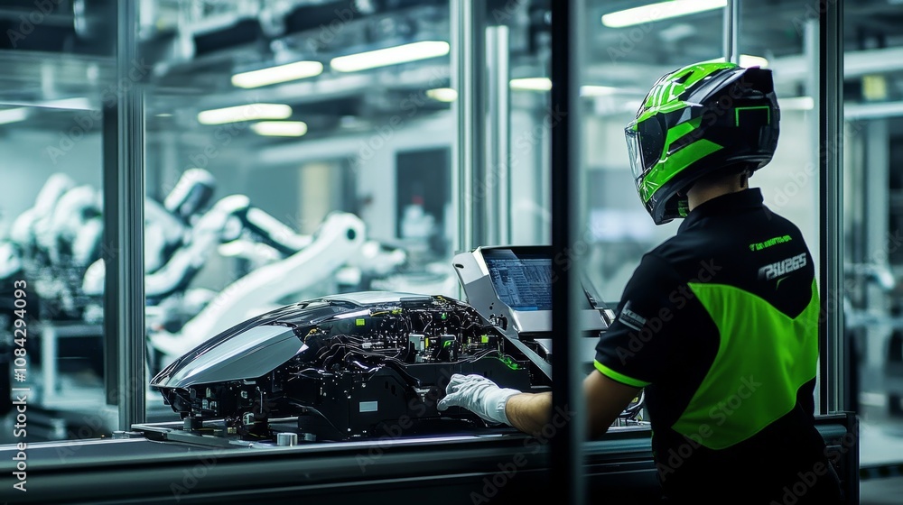 Poster robotic assembly process high-tech facility industrial setting futuristic environment close-up viewp