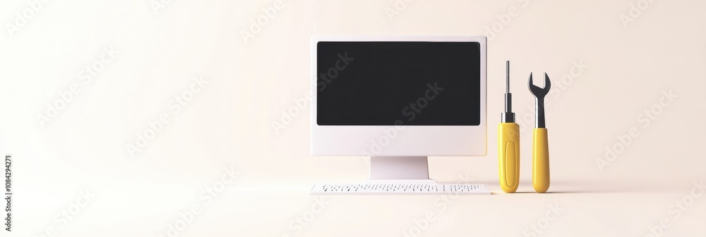 Poster A computer monitor stands alongside a yellow screwdriver and wrench, suggesting a focus on tech repairs and DIY tasks. Generative AI