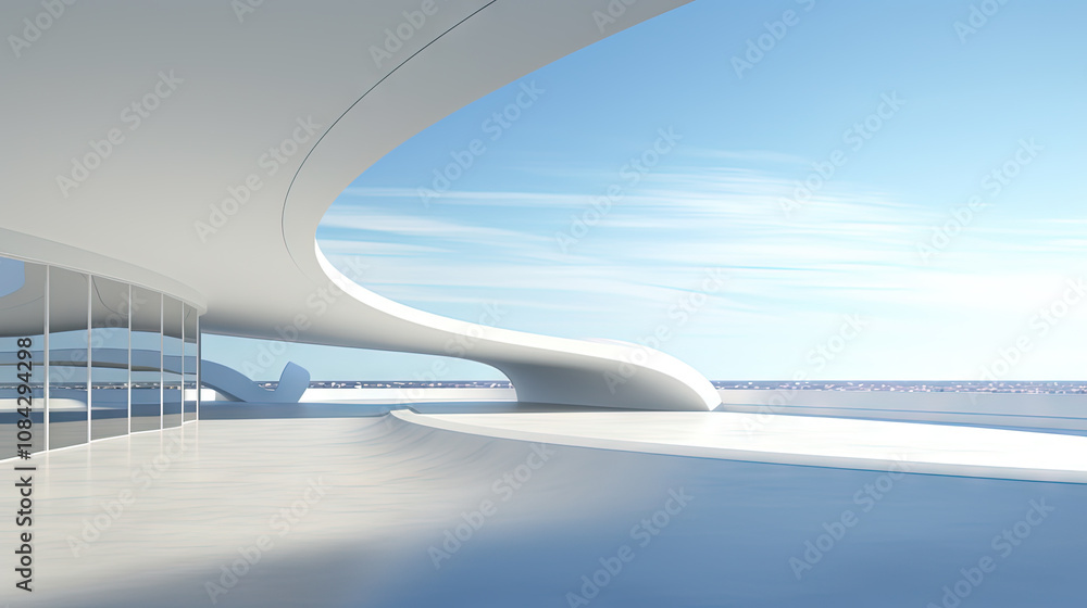 Poster Abstract architecture scene with smooth curves. Abstract background with futuristic building in white and blue colors.