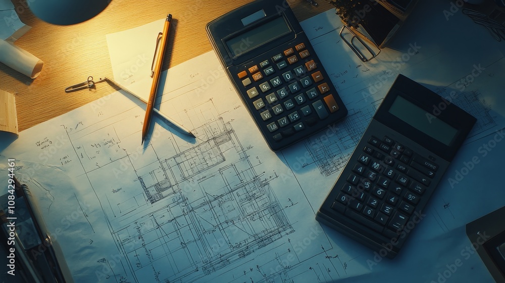 Aufkleber calculating designs office workspace technical drawing organized environment top-down view architect
