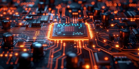 Obraz premium Close-up of a CPU Chip with Orange Glowing Circuitry