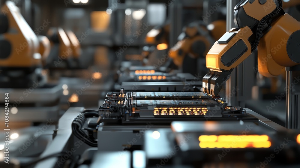 Poster automated assembly line factory industrial process high-tech environment close-up view robotics inno