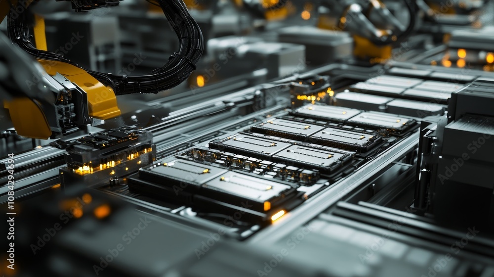 Aufkleber automated manufacturing process factory industrial scene high-tech environment close-up view robotic