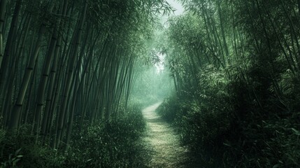 Obraz premium A narrow path winds through a bamboo forest, the dense canopy above creating a serene, peaceful atmosphere.