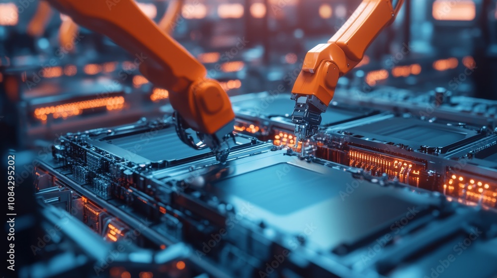 Aufkleber automation in manufacturing robotic arms assembly factory technology high-tech environment close-up 