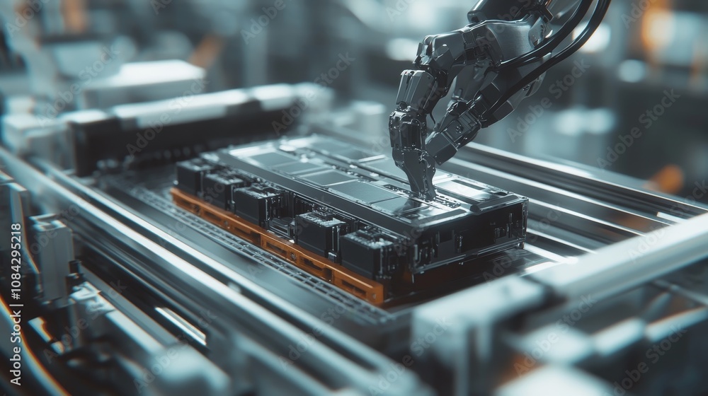 Poster robot arm assembling battery components high-tech factory digital art industrial setting close-up vi