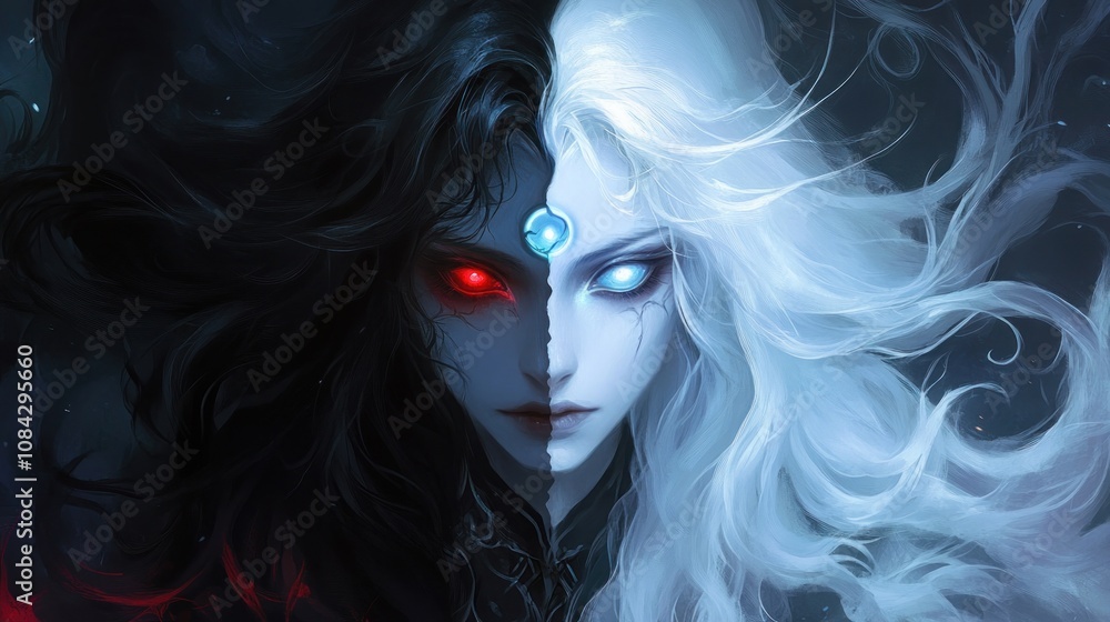 Poster a split-faced character with contrasting dark and light elements, symbolizing duality.