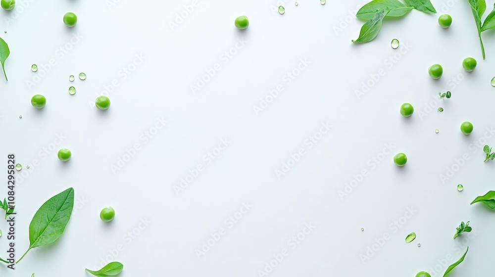 Aufkleber scattered fresh green peas and droplets of green juice create a fresh and vibrant display on a clean