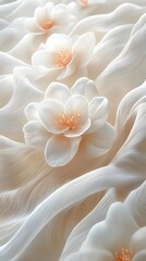 Obraz premium Delicate white flowers with intricate petals and soft orange stamen, beautifully arranged against a flowing, textured background that enhances their elegance and serenity.