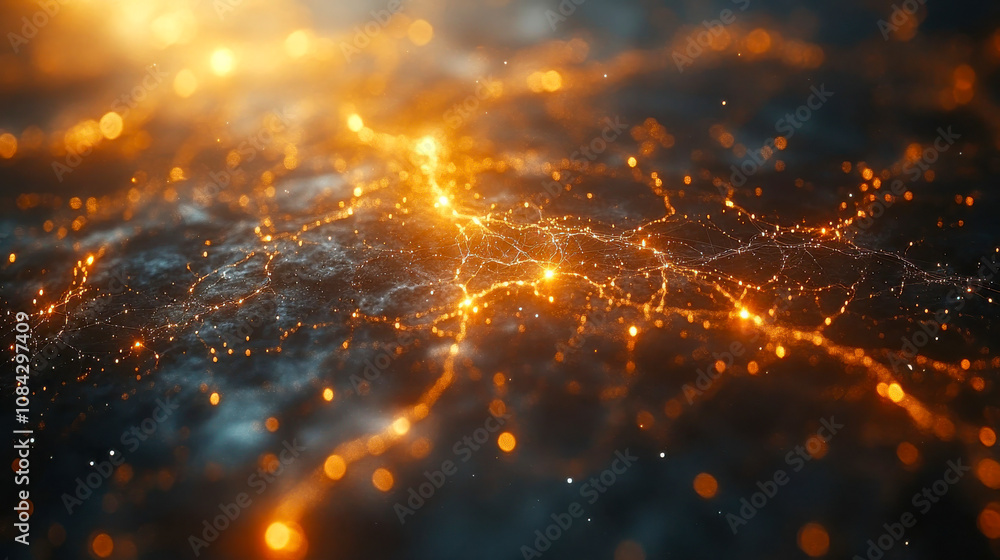 Poster a glowing neural network pattern with golden nodes and connections, symbolizing data flow and innova