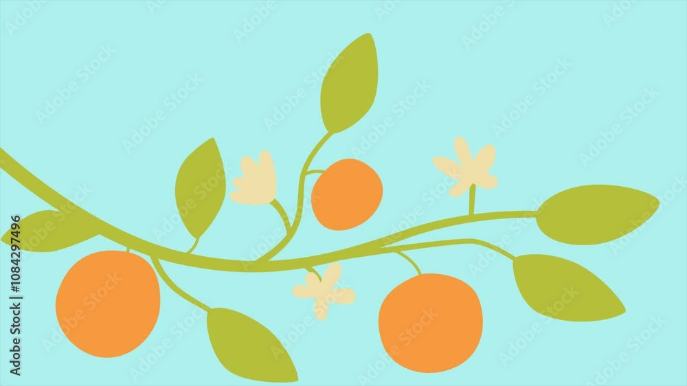 Poster branch with orange and flowers. minimal modern seamless motion design. abstract loop animation