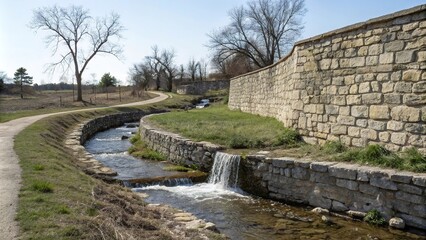 Fototapeta premium Stone wall with a meandering stream and waterfall, scenery, building, rock, landscape, stream