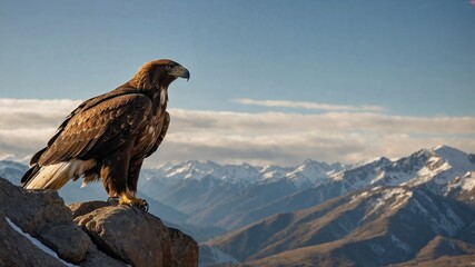 Golden Eagle Perched on Rocky Cliff Overlooking Majestic Mountain Range