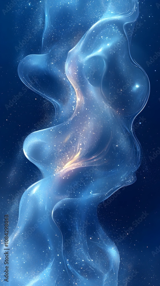 Poster an ethereal blue abstract background resembling flowing liquid with sparkling stars, creating a cosm