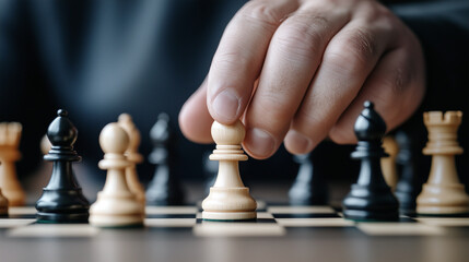 Hand moving chess pawn.