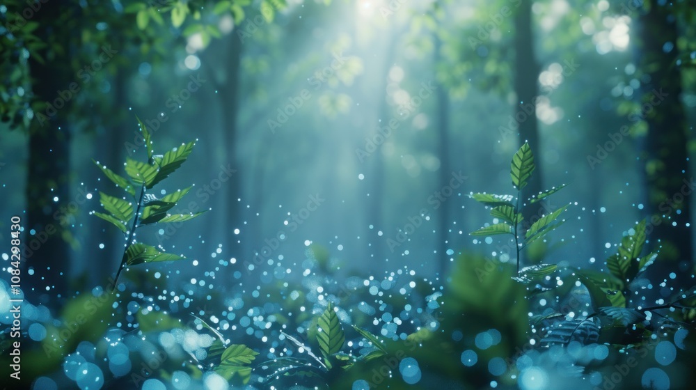 Poster a magical forest scene with sunlight filtering through the trees and creating a mystical atmosphere.