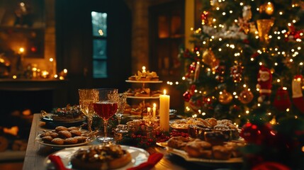 Fototapeta premium Christmas or Thanksgiving table setting. set table with festive food, candles and decorations in a cozy setting.