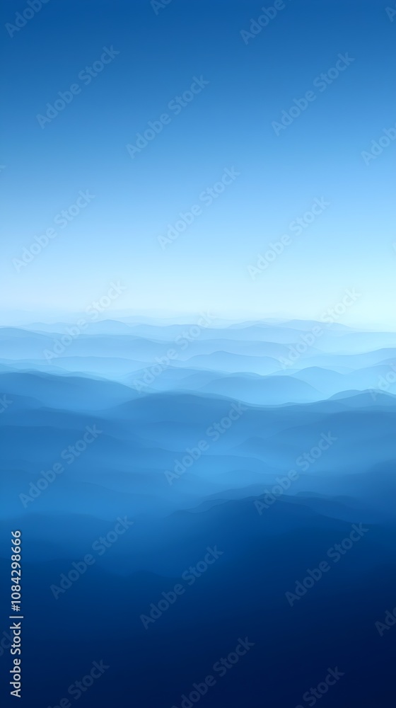 Poster a serene gradient of blue hues, depicting soft undulating waves across a vast horizon, creating a ca