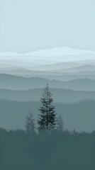 Naklejka premium A serene landscape features a solitary tree in the foreground, surrounded by layers of rolling hills and mountains, enveloped in shades of blue and green, conveying tranquility.