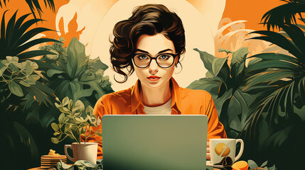 generated illustration of  woman working with laptop in coffee shop, business financial concept.