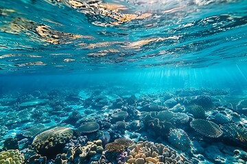 Stunning Underwater View of Vibrant Coral Reef Teeming with Life in Crystal Clear Blue Ocean Waters Illuminated by Sunlight