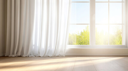 Fototapeta premium Sunlight is illuminating a room through a window with a white curtain and wooden floor