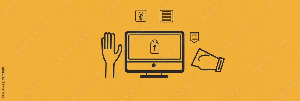 Aufkleber A hand extends towards a computer that shows various icons related to settings and security, highlighting digital interaction. Generative AI