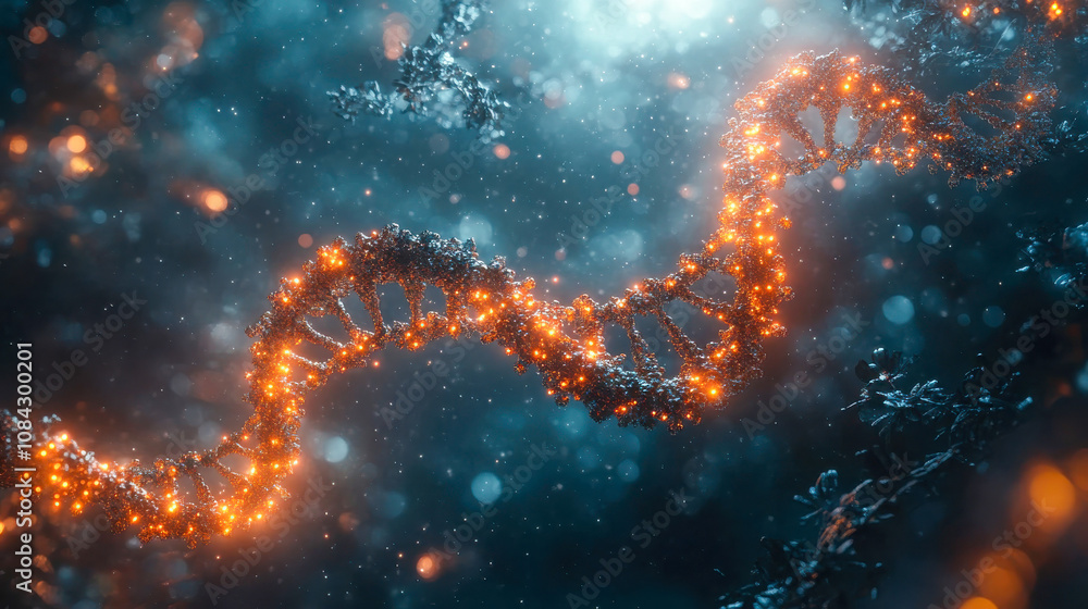 Poster close-up of an illuminated dna strand with sparkling particles on a dark, abstract background. repre