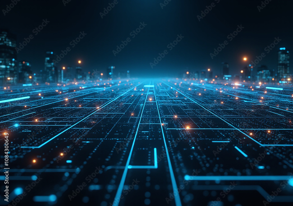 Poster glowing horizontal lines form futuristic digital space grid network advanced communication systems