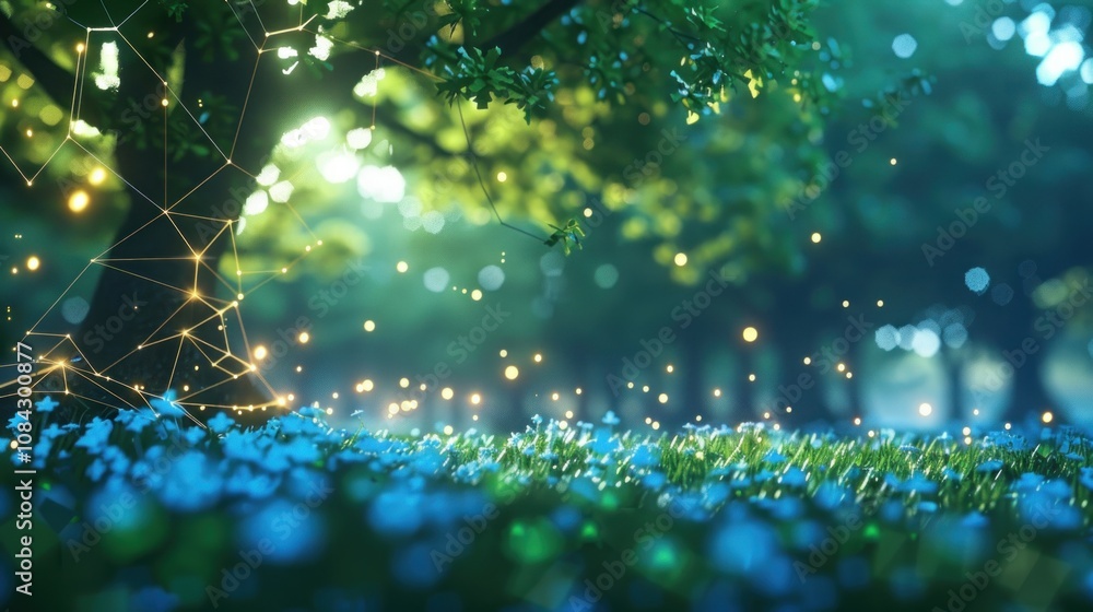 Poster a magical forest with a glowing network of light connecting the trees, creating a dreamy atmosphere.